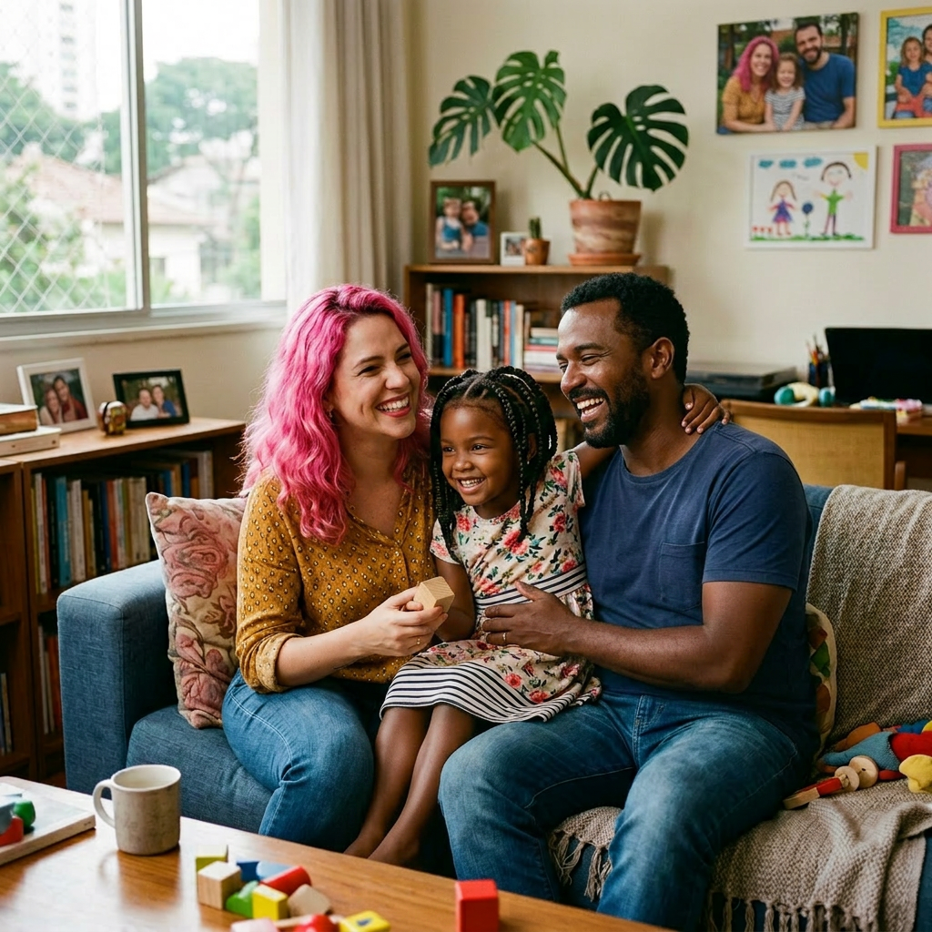 Parents laughing with young daughter on a sofa in a cozy living room